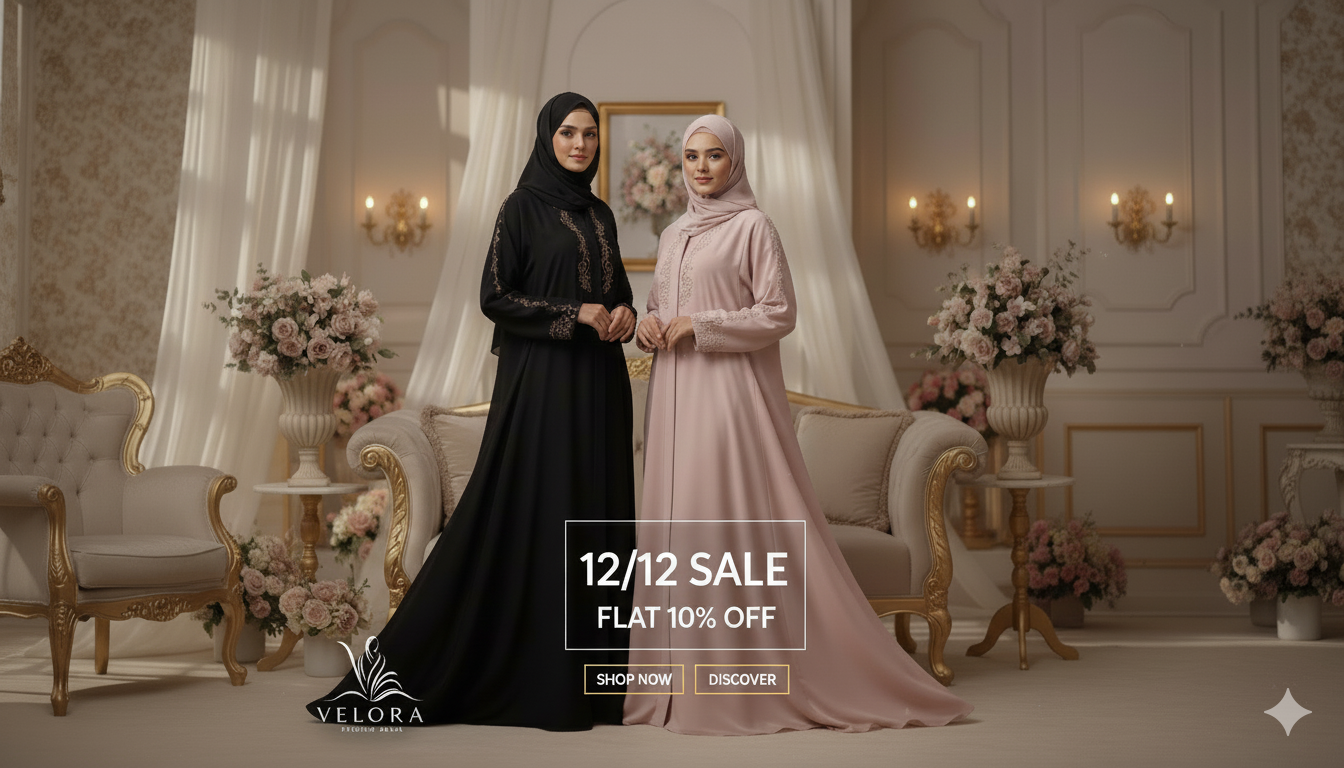 Two women in elegant dresses standing in a luxurious room with decorative elements and a sale banner.