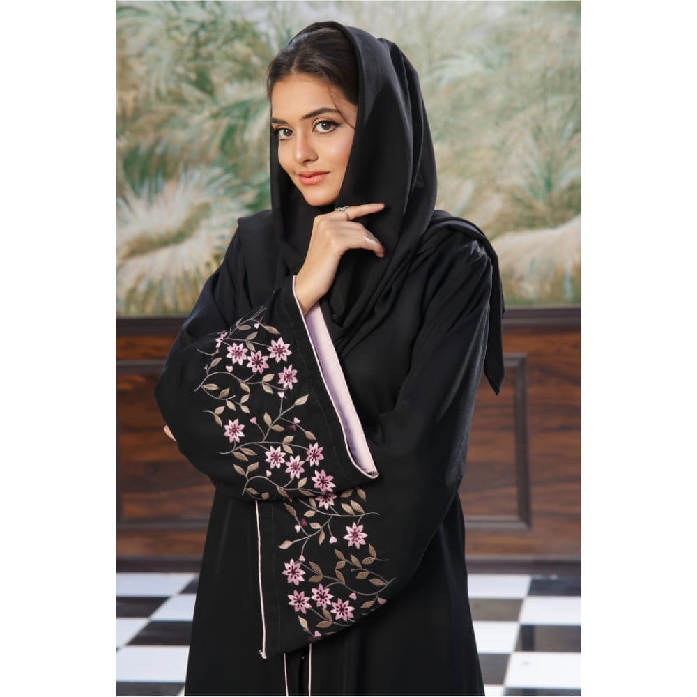 Elegant Black Front-Open Abaya - Floral Embroidery - Nidha Fabric