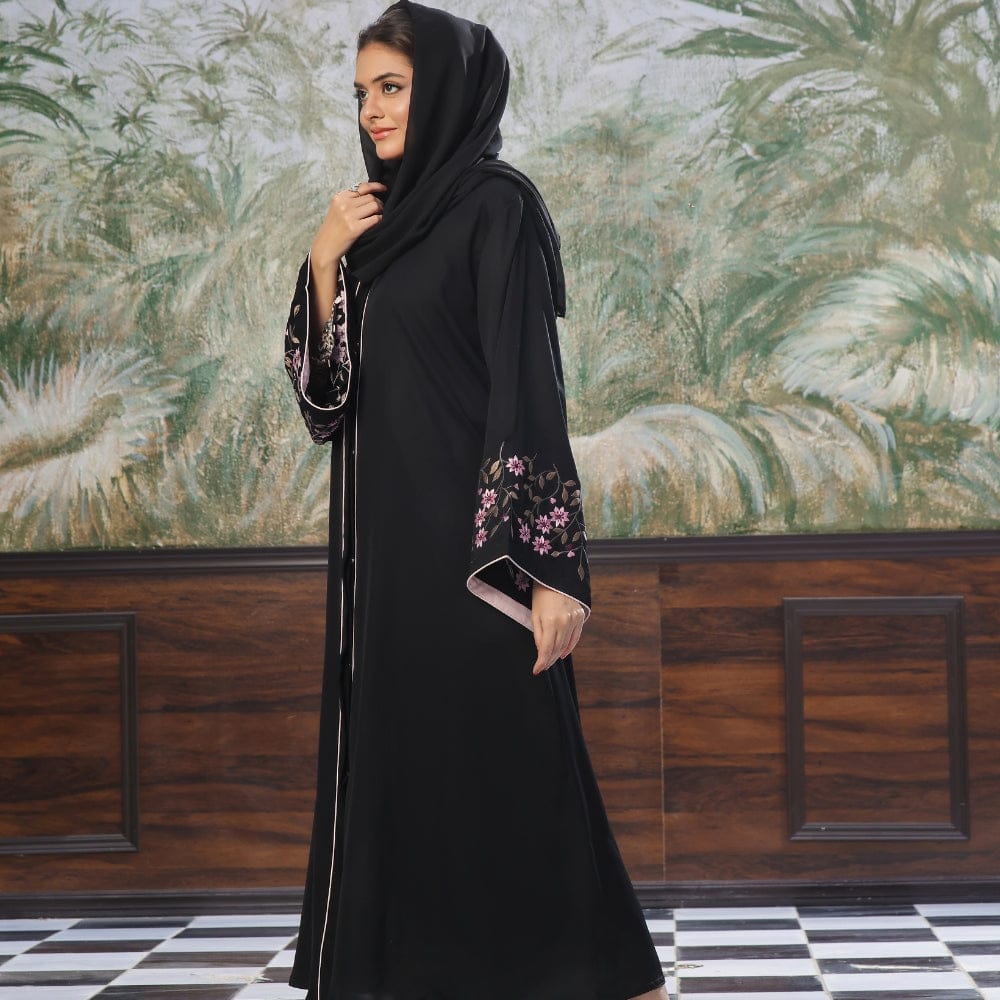 Elegant Black Front-Open Abaya - Floral Embroidery - Nidha Fabric