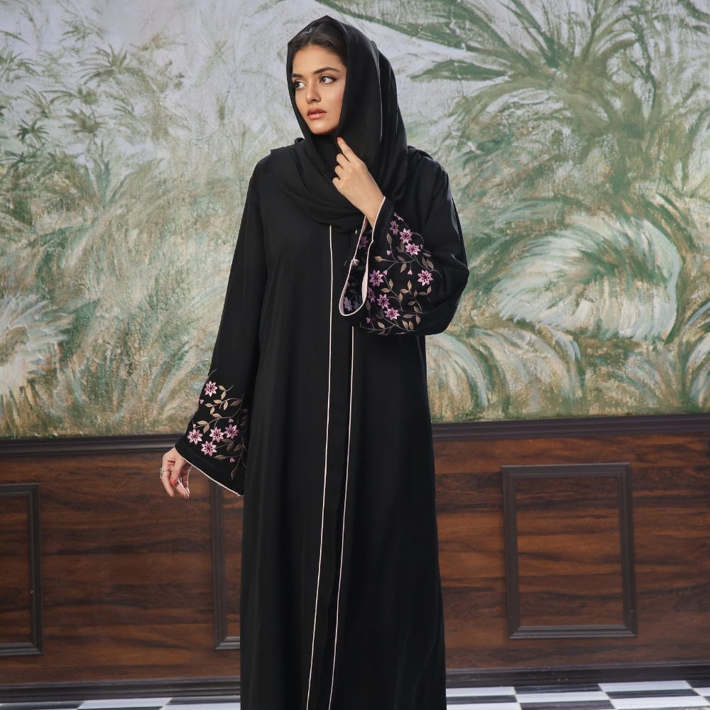 Elegant Black Front-Open Abaya - Floral Embroidery - Nidha Fabric