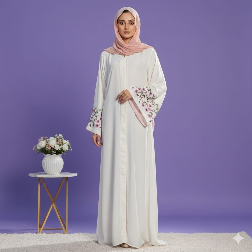 White Front-Open Abaya with Floral Bell Sleeves – Premium Nidha Fabric