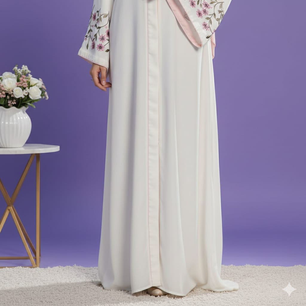White Front-Open Abaya with Floral Bell Sleeves – Premium Nidha Fabric