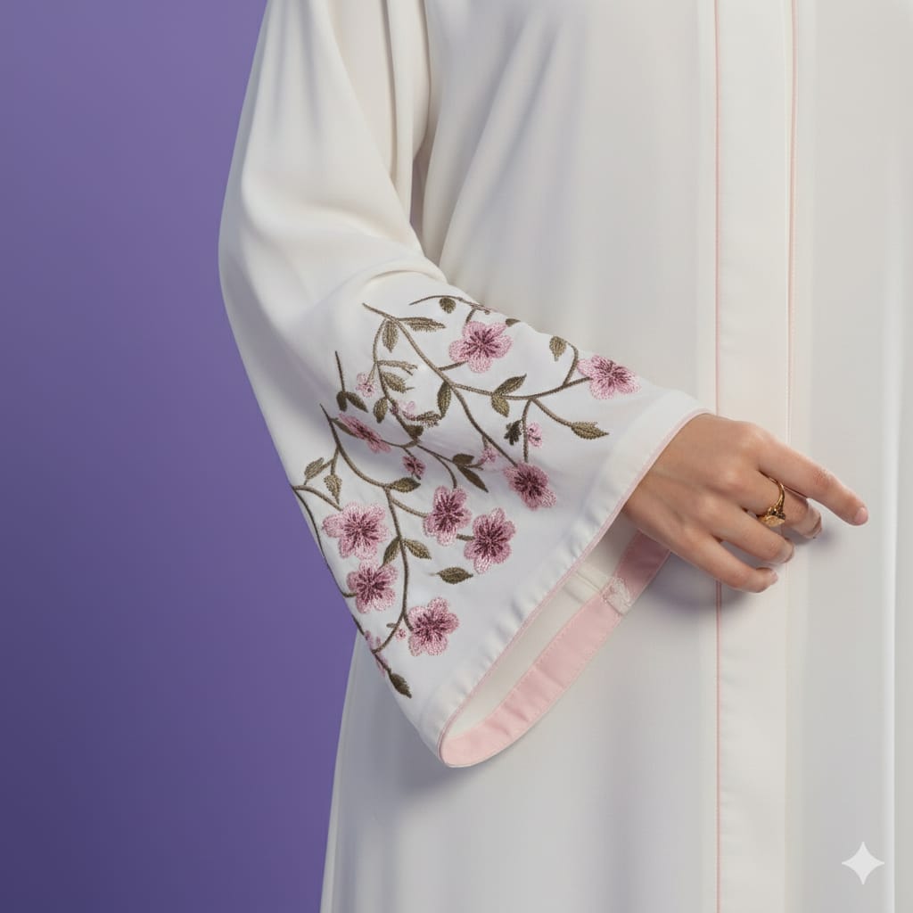 White Front-Open Abaya with Floral Bell Sleeves – Premium Nidha Fabric