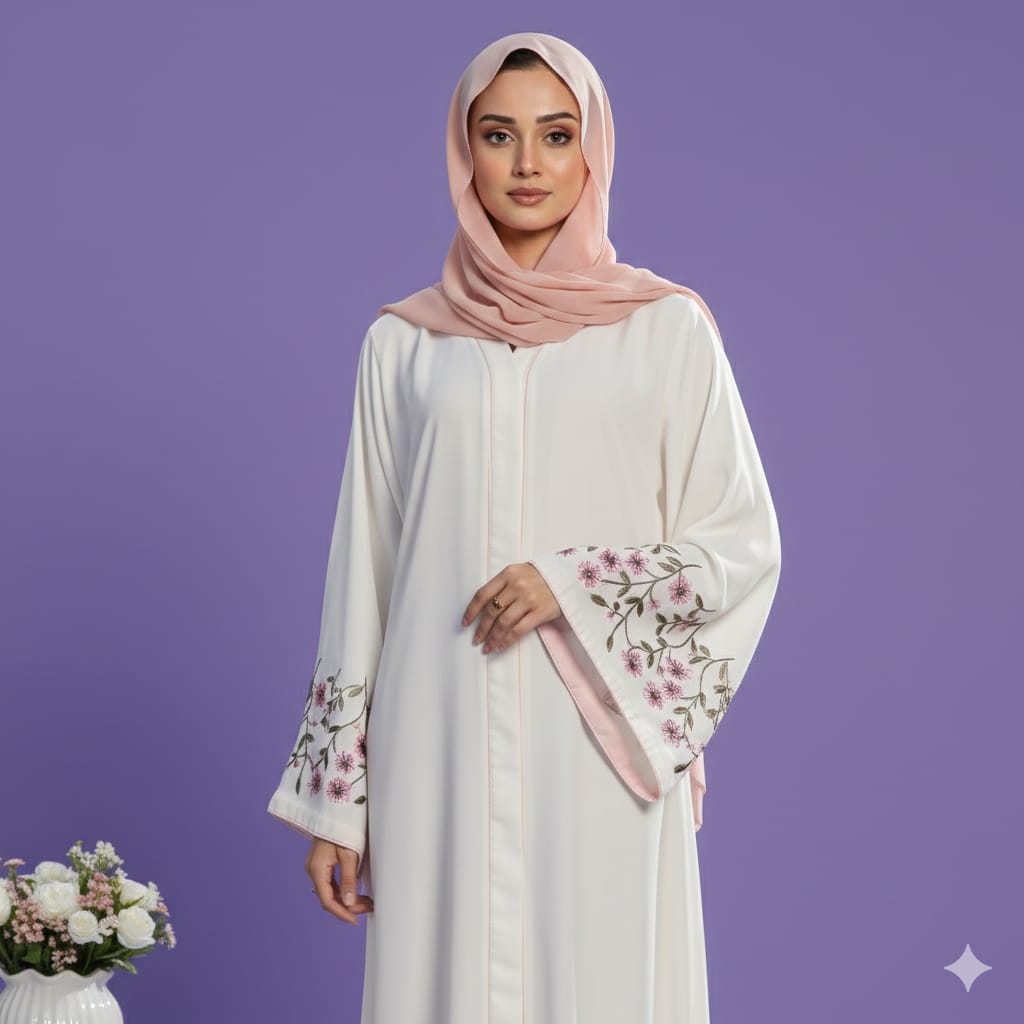 White Front-Open Abaya with Floral Bell Sleeves – Premium Nidha Fabric