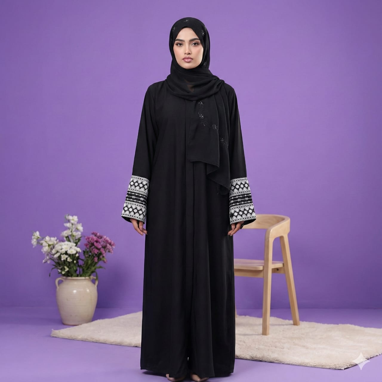 Black Front Open Abaya with elegant, embroidered sleeves