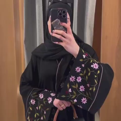 Elegant Black Front-Open Abaya - Floral Embroidery - Nidha Fabric